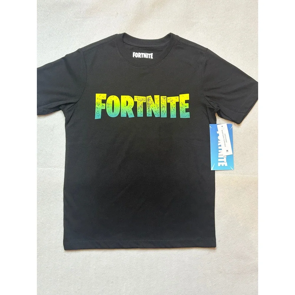 Fortnite Boys Black Graphic T-Shirt Yellow Teal Gradient Logo Size M 8 NEW